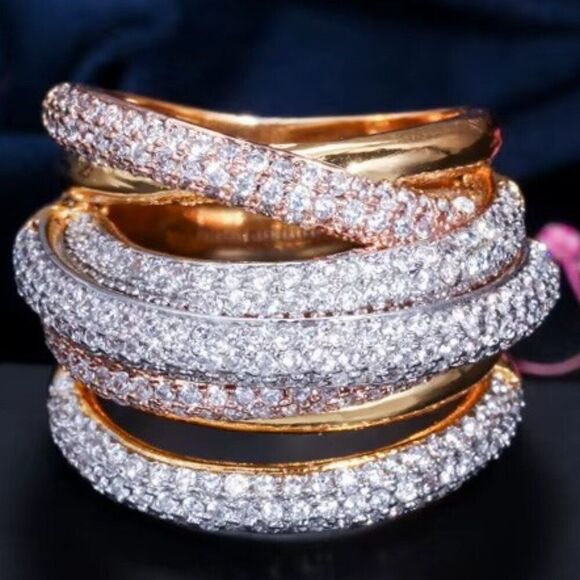 Tri color Wide Multi Pave Overlap Chucky Gold Plated Stackable cocktail ring - Picture 6 of 7